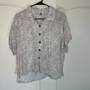 Makai Beach Hawaii Womens Neutral Floral‎ Button Down Cropped Blouse Large